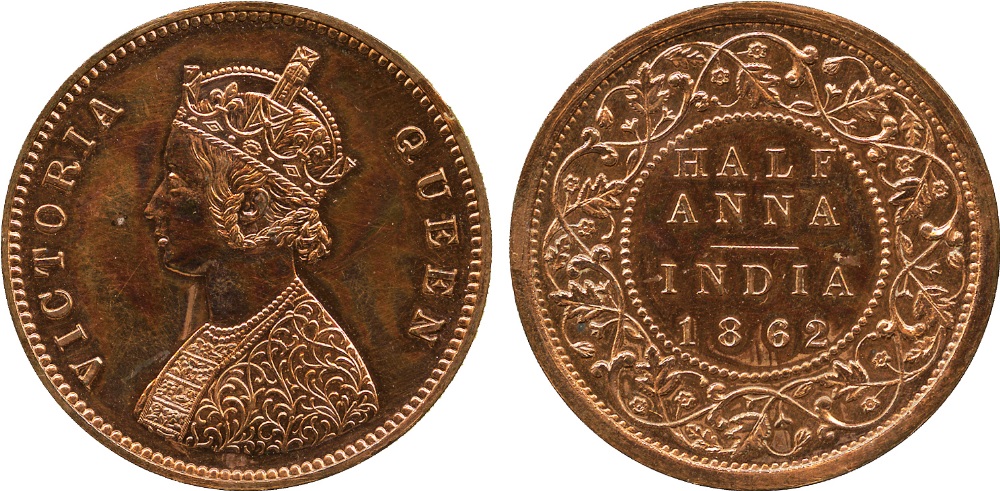 The David Fore Collection. Coins of British India. Copper Proof Restrike ½-Anna, 1862C, obverse B,
