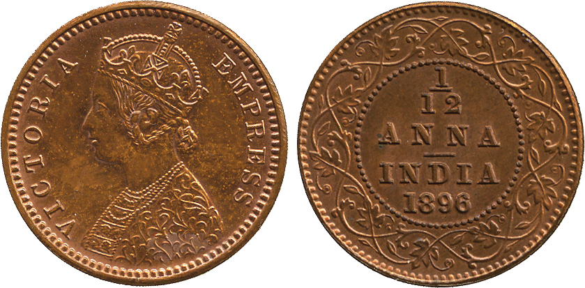 The David Fore Collection. Coins of British India. Copper Original Proof 1/12-Anna, 1896C, obv