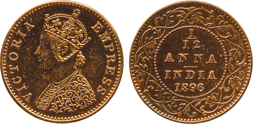 The David Fore Collection. Coins of British India. Copper Proof Restrike 1/12-Anna, 1896B, obv