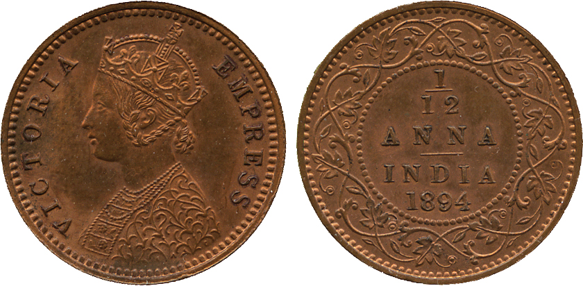 The David Fore Collection. Coins of British India. Copper Original Proof 1/12-Anna, 1894C, obv