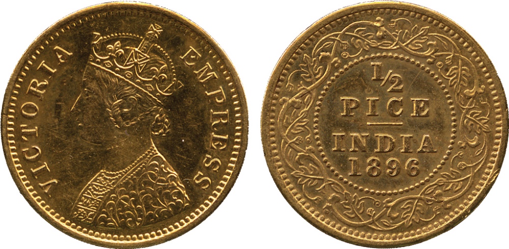 The David Fore Collection. Coins of British India. Gold Proof Restrike ½-Pice, 1896C, off-metal