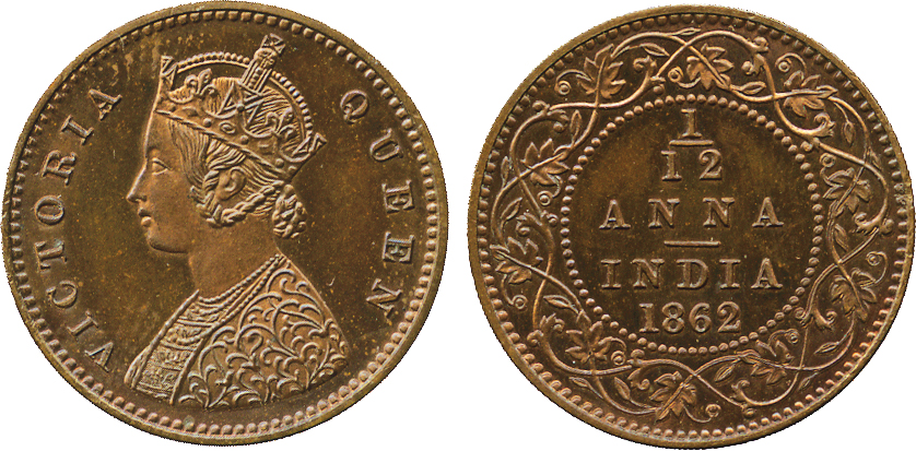 The David Fore Collection. Coins of British India. Copper Original Proof 1/12-Anna, 1862, obv