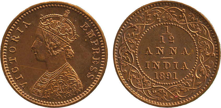 The David Fore Collection. Coins of British India. Copper Proof Restrike 1/12-Anna, 1891C, obv