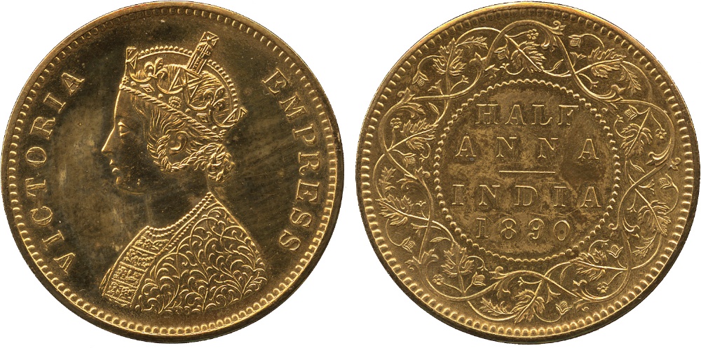 The David Fore Collection. Coins of British India. Gold Proof Restrike ½-Anna, 1890C, off-metal