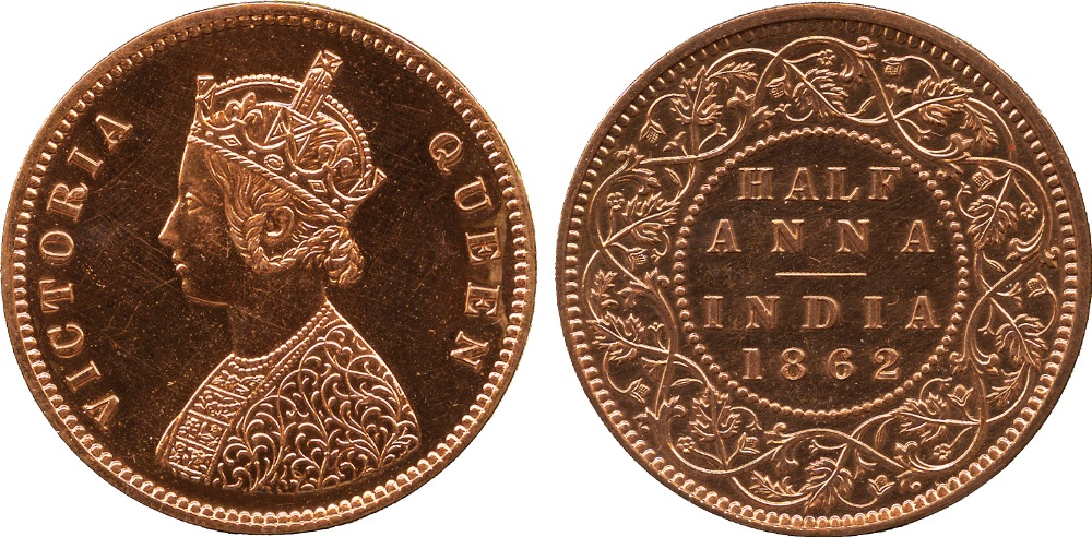 The David Fore Collection. Coins of British India. Copper Proof Restrike ½-Anna, 1862C, obverse B,