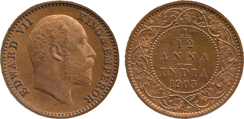 The David Fore Collection. Coins of British India. Copper Original Proof 1/12-Anna, 1903, obv EDWARD