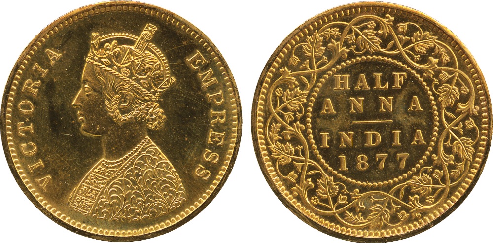 The David Fore Collection. Coins of British India. Gold Proof Restrike ½-Anna, 1877B, off-metal