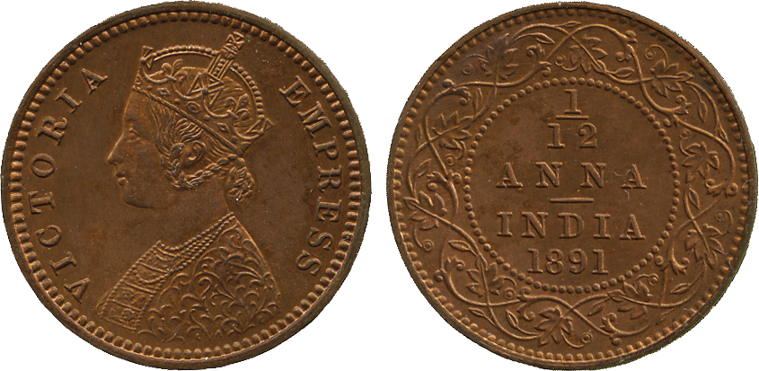 The David Fore Collection. Coins of British India. Copper Original Proof 1/12-Anna, 1891C, obv