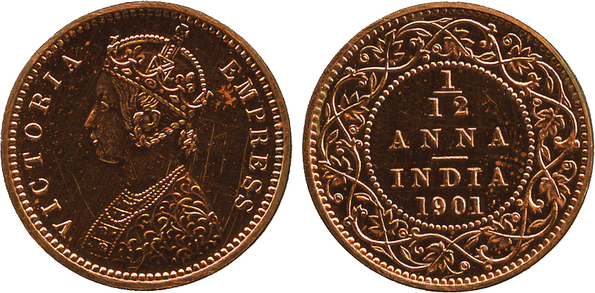 The David Fore Collection. Coins of British India. Copper Proof Restrike 1/12-Anna, 1901C, obv