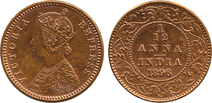 The David Fore Collection. Coins of British India. Copper Early Proof Restrike 1/12-Anna, 1896C, obv