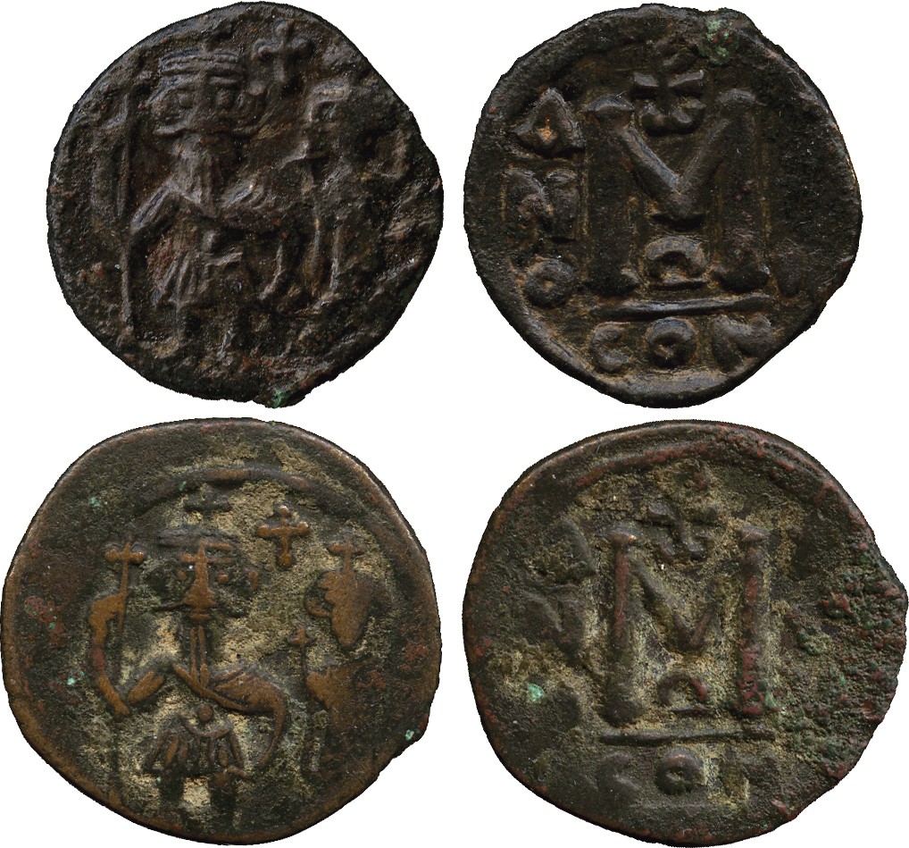 ISLAMIC COINS. PSEUDO BYZANTINE. Two Standing Figures, Copper Fals (2), rev CON, M undated, 18mm,