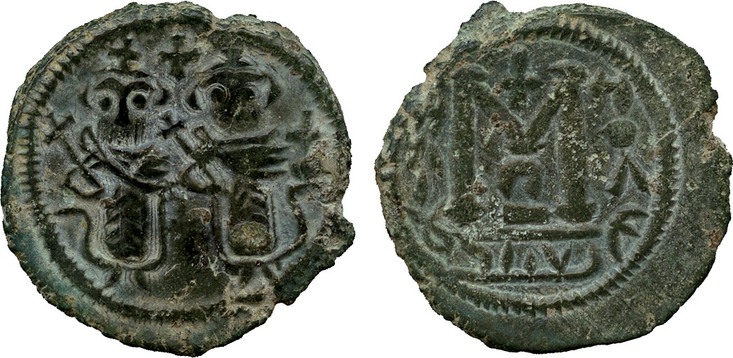 ISLAMIC COINS. ARAB BYZANTINE. Two Standing Figures, Copper Fals, Ba’albakk, undated, 21mm, 4.61g (