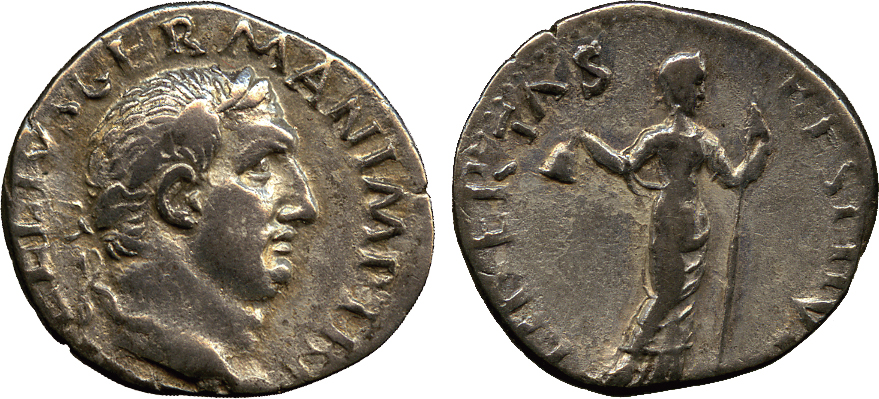 ANCIENT COINS. Roman. Vitellius (AD 69), Silver Denarius, [A VIT]ELLIVS GERMAN IMP TR P, laureate