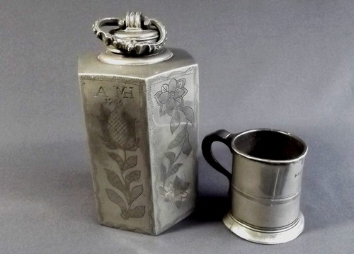 PEWTER FLASK & MUG
A European hexagonal pewter flask engraved with a variety of flowers. One face