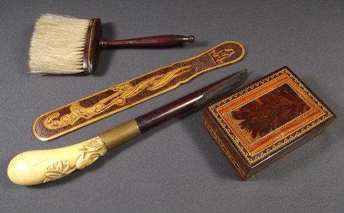 MISCELLANEOUS
A Tunbridge ware box 4 ins. x 3 ins, a poker work letter opener, a hat brush and a