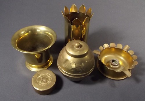 TRENCH ART ETC. 
Four pieces of brass Trench Art including a 1945 Souvenir of Germany small box &