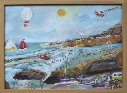 ROY DAVEY
Beach scene with hot-air balloon. Acrylic on board. Signed 'Roy'. 15 1/2 x 19 1/2 ins.