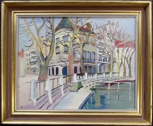 FRED YATES
'Spring, Annecy'. Oil on board. Signed. Titled & numbered '59' to reverse. 14 x 17 1/2.