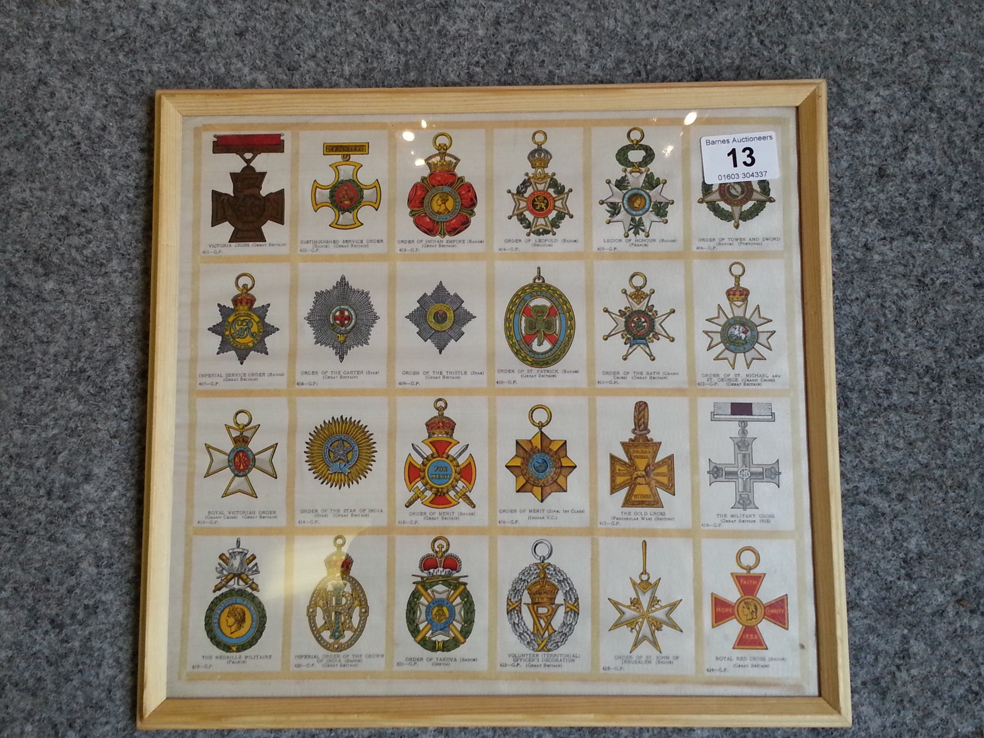 Framed set of twenty-four uncut silk cigarette cards, Godfrey Phillips, Orders of Chivalry (GP401-