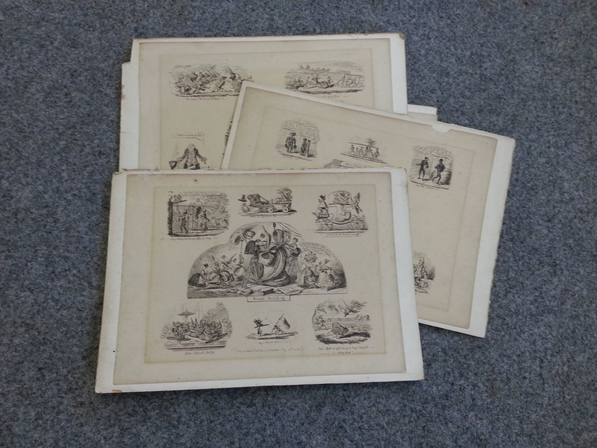 Mixed lot of Victorian cartoons mounted on four boards, subjects including `bonnet building`, `