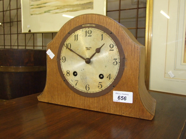 OAK MANTEL CLOCK (KEY AND WEIGHT)