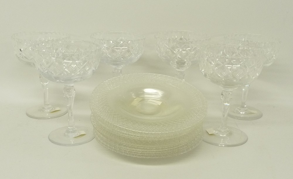 A set of eleven Victorian cut glass side plates and six champagne cups. (17)