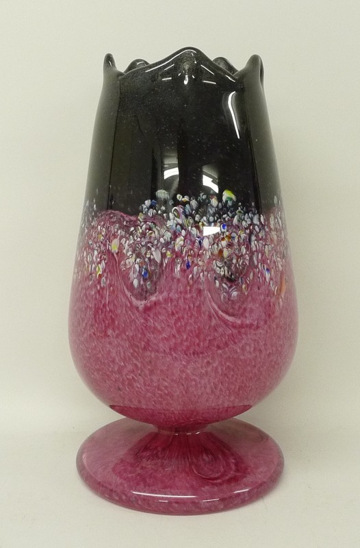 A Vasart, Perth, glass tulip lamp with millefiore inclusions againt a pink and black ground, 28cm