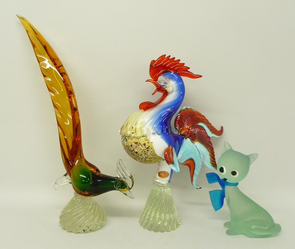 A Murano glass figure of a cockerel, 35cm high, a long tailed pheasant, 44cm high, and a frosted