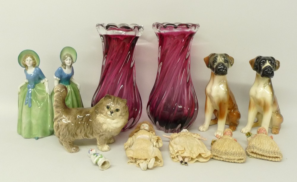 A quantity of ceramics including a Beswick Persian cat, pair of bookends modelled as 18th century