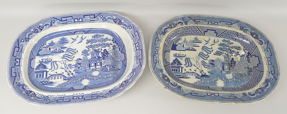 A Davenport Willow pattern meat plate with gravy tree and well, 50 by 38cm, and a Godwin meat