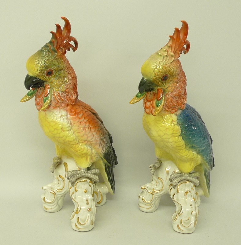 A pair of Dresden porcelain figures of cockatoos, each modelled perched on a triform rococo scroll