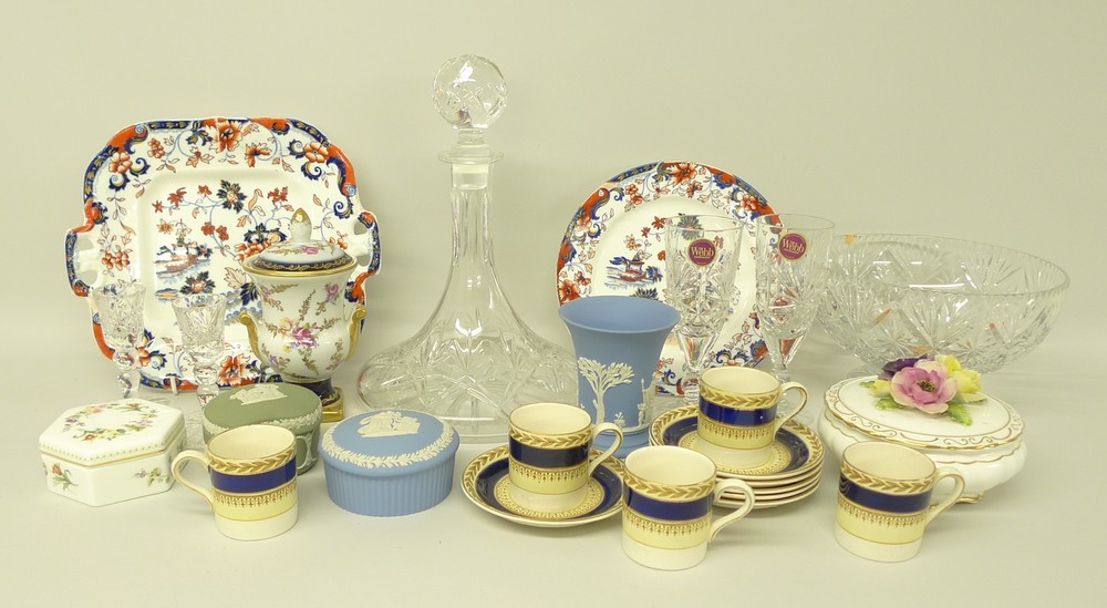 A quantity of ceramics and glass including a ship's decanter, Minton plates, Wedgwood jasperware and