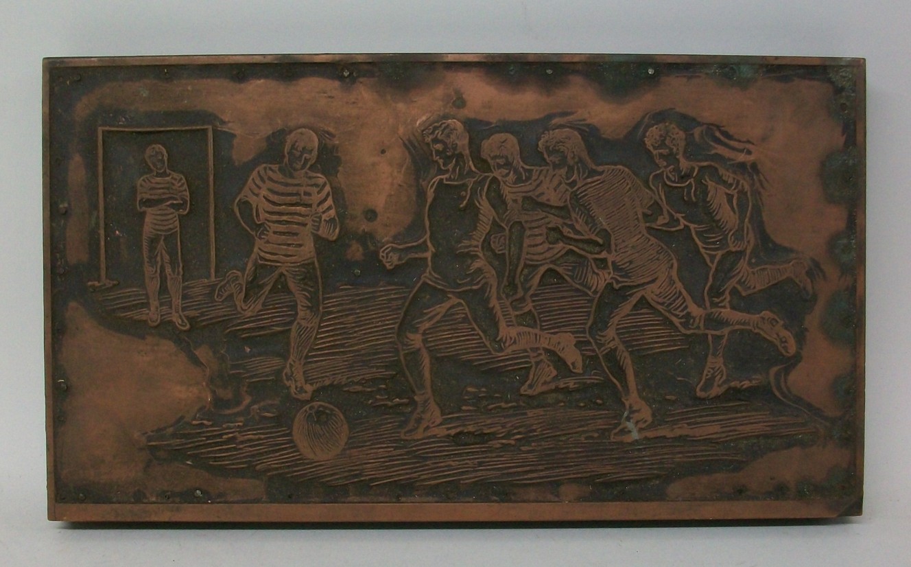 A copper etched printing plate of a 19th century football match, 30 by 17cm.