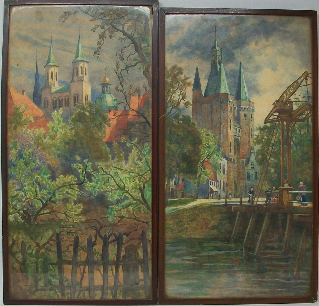 Continental School: two watercolours of a Dutch bridge with gatehouse behind and Belgian cupolas