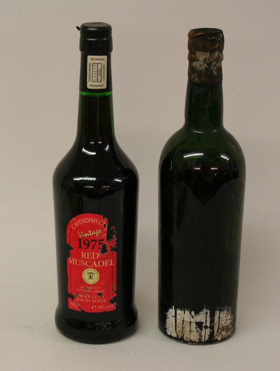 Vintage Port: a bottle of Red Muscadel, Vintage 1975, and an unlabelled bottle of port.