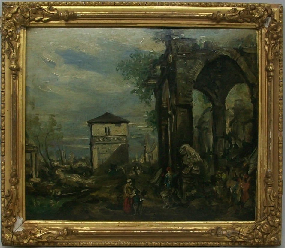 After Guardi (Italian School): an oil on panel of a Romantic landscape with classical ruins and