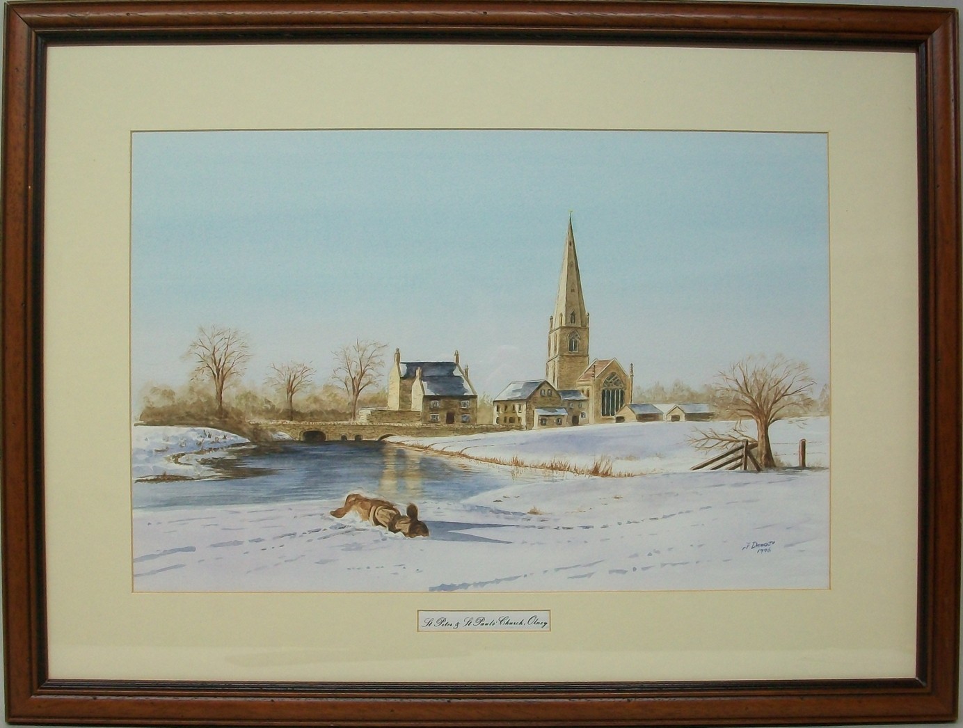 F Duckworth: a watercolour of a snowy view, titled to mount `St Peter & St Paul`s Church, Olney`,