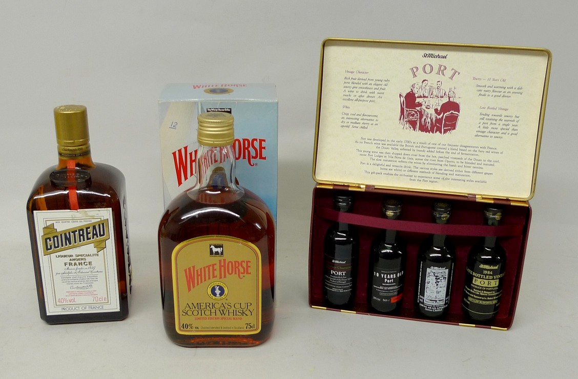 Whisky: a bottle of White Horse 1987 America`s Cup Scotch Whisky, a bottle of Cointreau and a set of