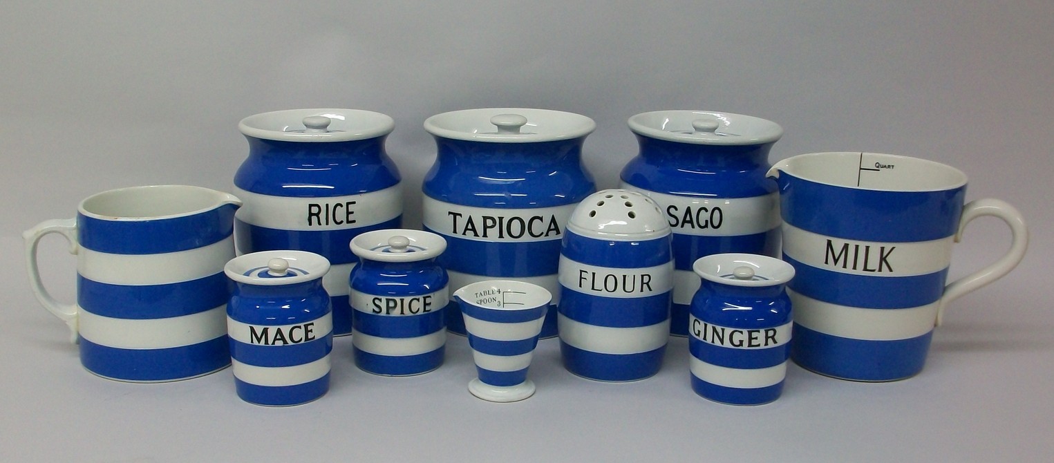 A quantity of T.G. Green blue banded Cornish ware, comprising; milk jug, further jug, spoon measure,