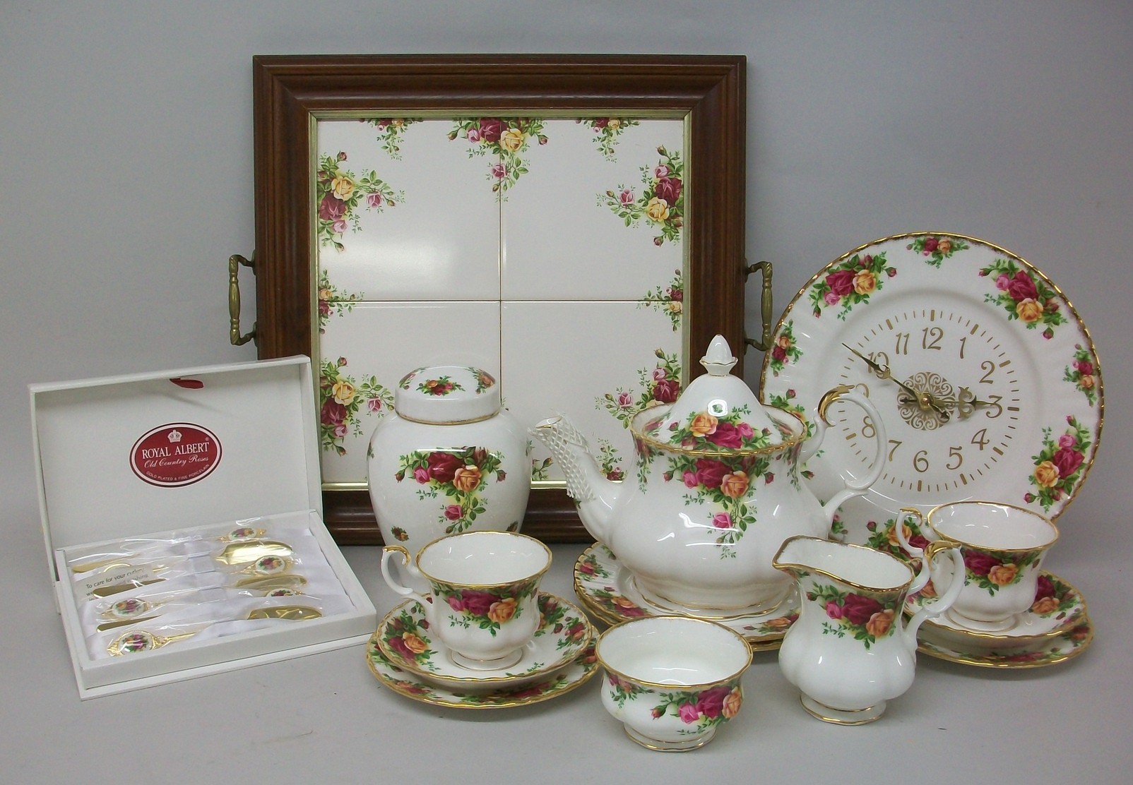 A Royal Albert porcelain tea for two decorated in the Old Country Roses pattern, comprising