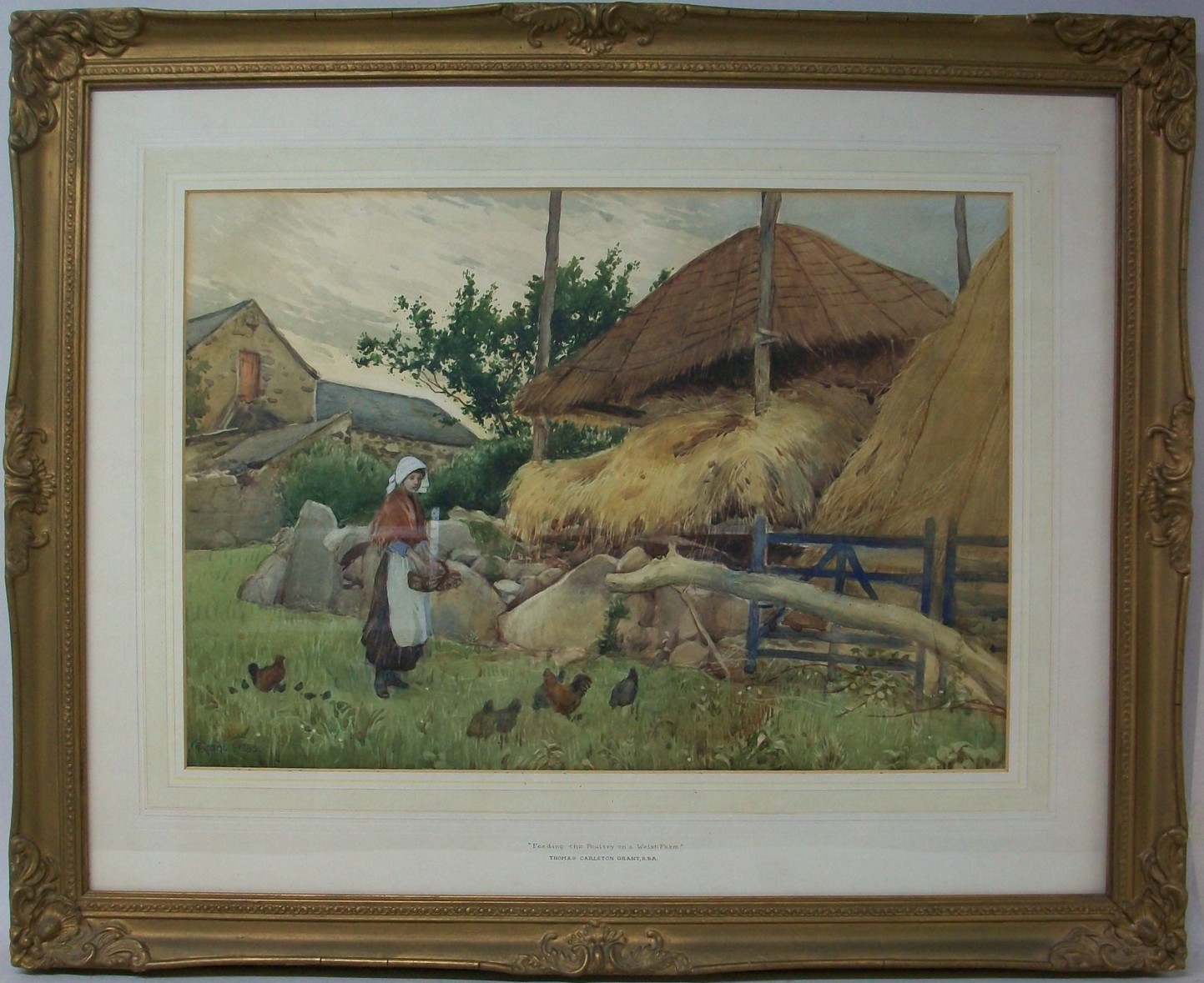 Thomas Carleton Grant, RBA: a watercolour of `Feeding the Poultry on a Welsh Farm`, signed lower