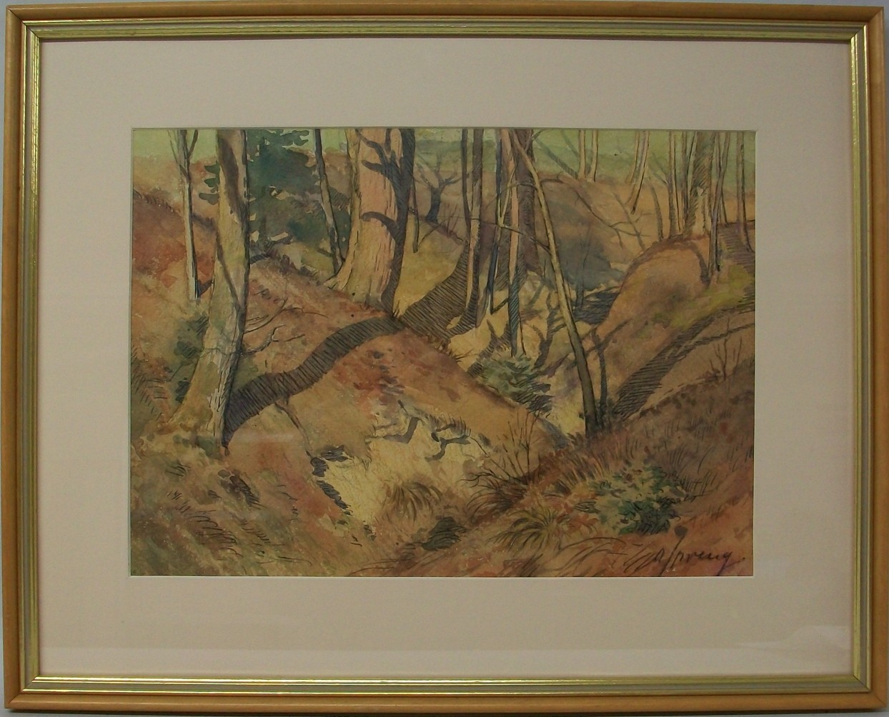 Otto Spreng (Swiss, 1877-1960): a pen, ink and watercolour of autumn in the forest, signed lower
