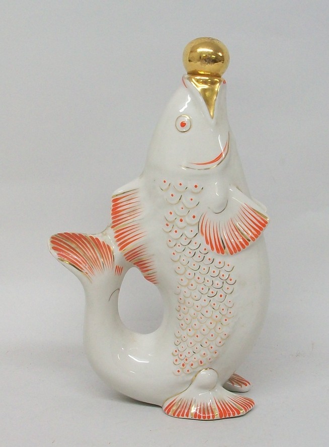 A Russian porcelain decanter and stopper, 20th century, modelled as a fish with red and gilt