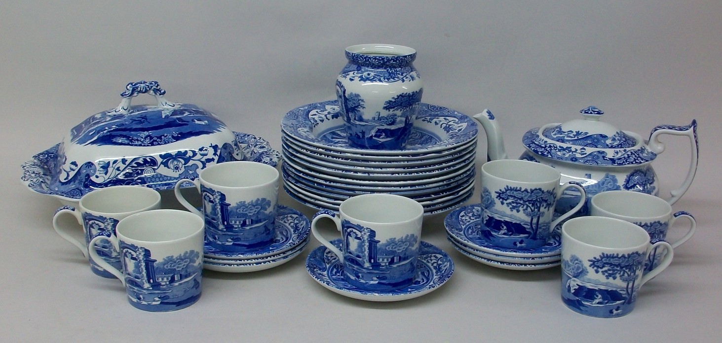A Copeland Spode blue and white tureen and cover decorated in the Italian pattern, twelve soup