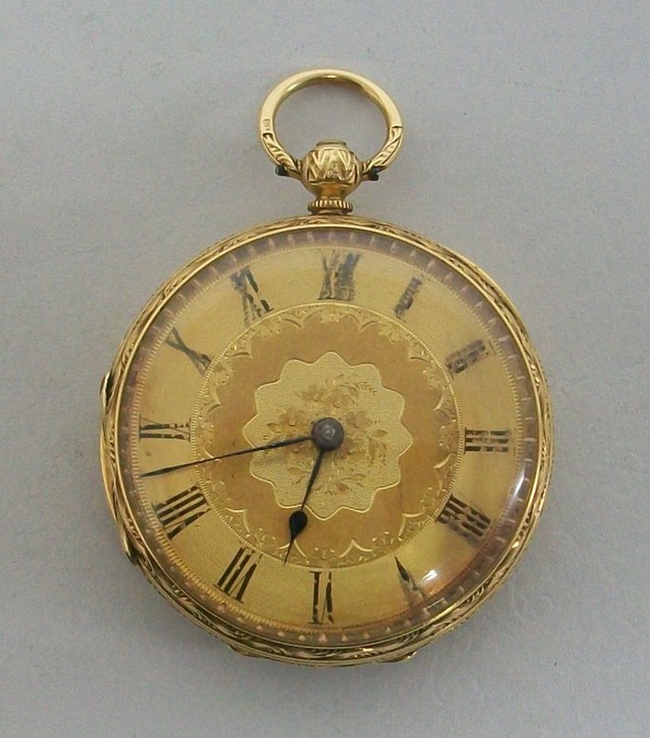 An 18ct gold lady`s open faced, key wind pocket watch by L Cohen, Long Sutton, gilt foliate dial