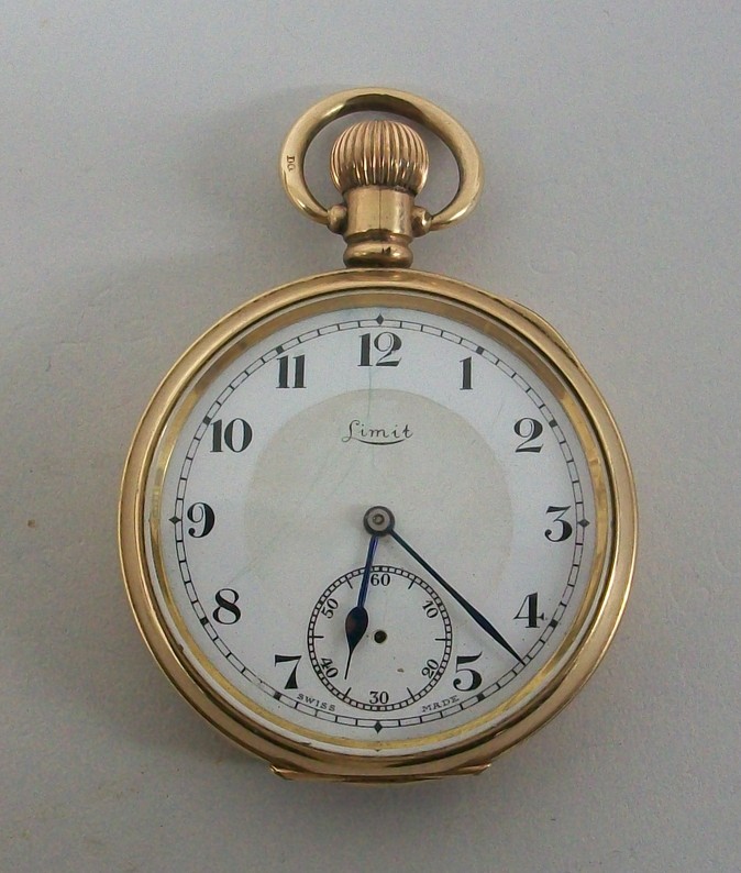 A Dennison Limit gold plated gentleman`s keyless wind open faced pocket watch, dial bearing Arabic