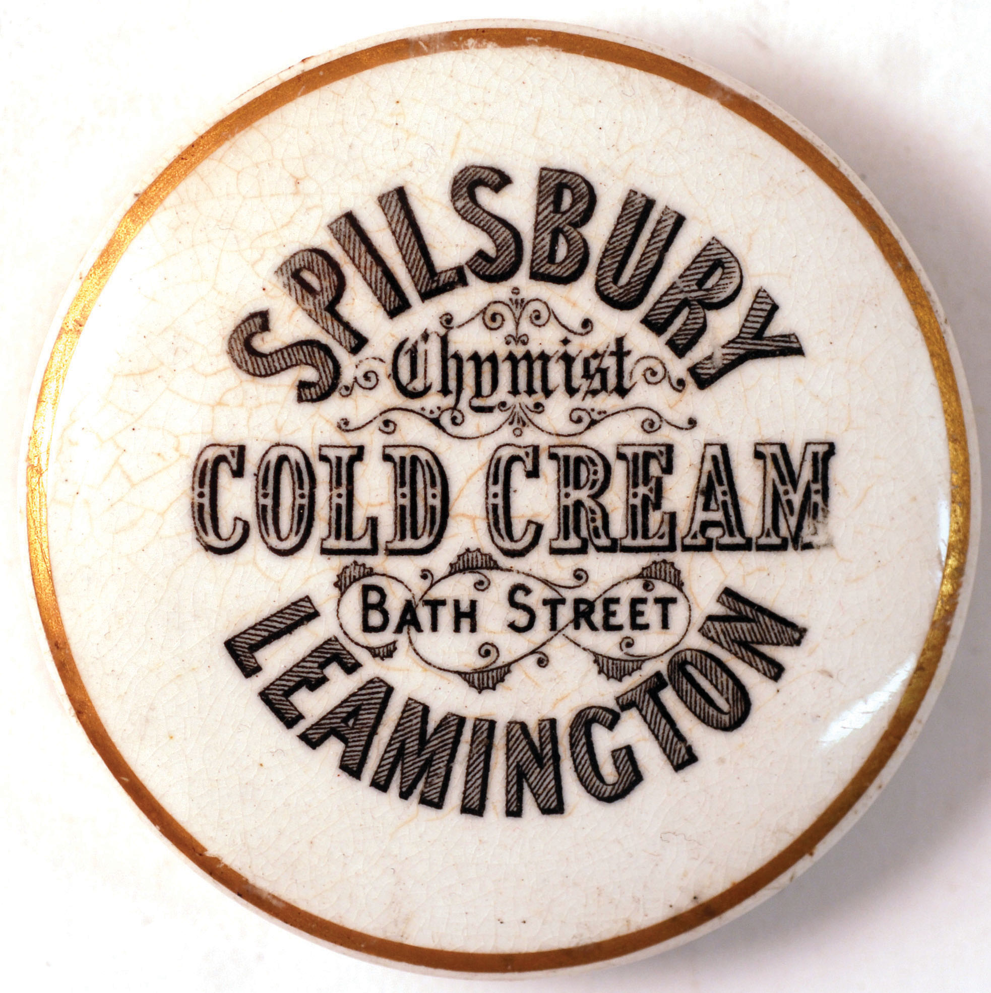 LEAMINGTON COLD CREAM POT LID. 3ins diam, ‘SPILSBURY/ CHEMIST/ COLD CREAM/ BATH STREET/