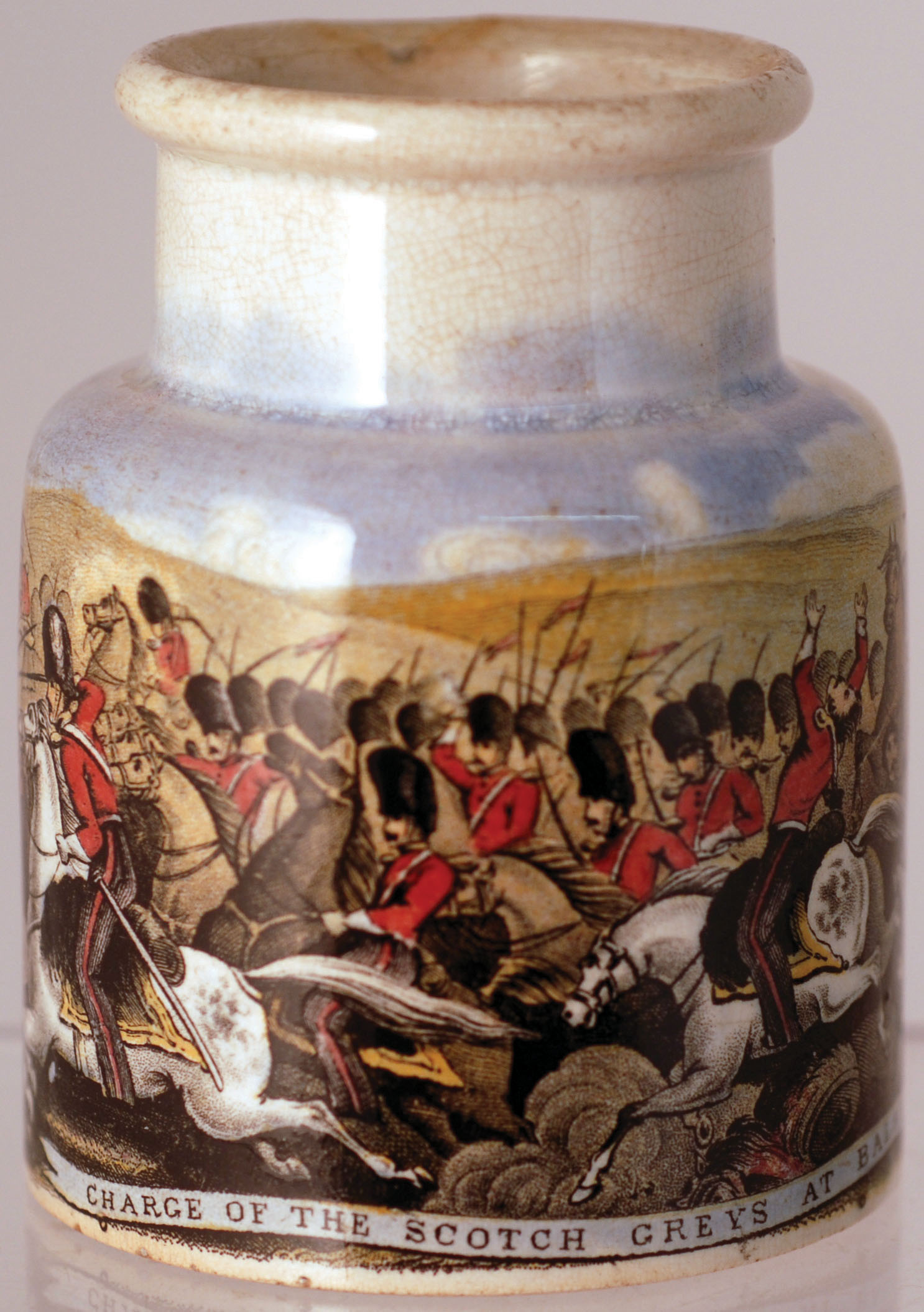 CHARGE OF THE SCOTS GREYS AT BALAKLAVA (KM 509). 3.5ins tall, multicoloured Pratt jar.