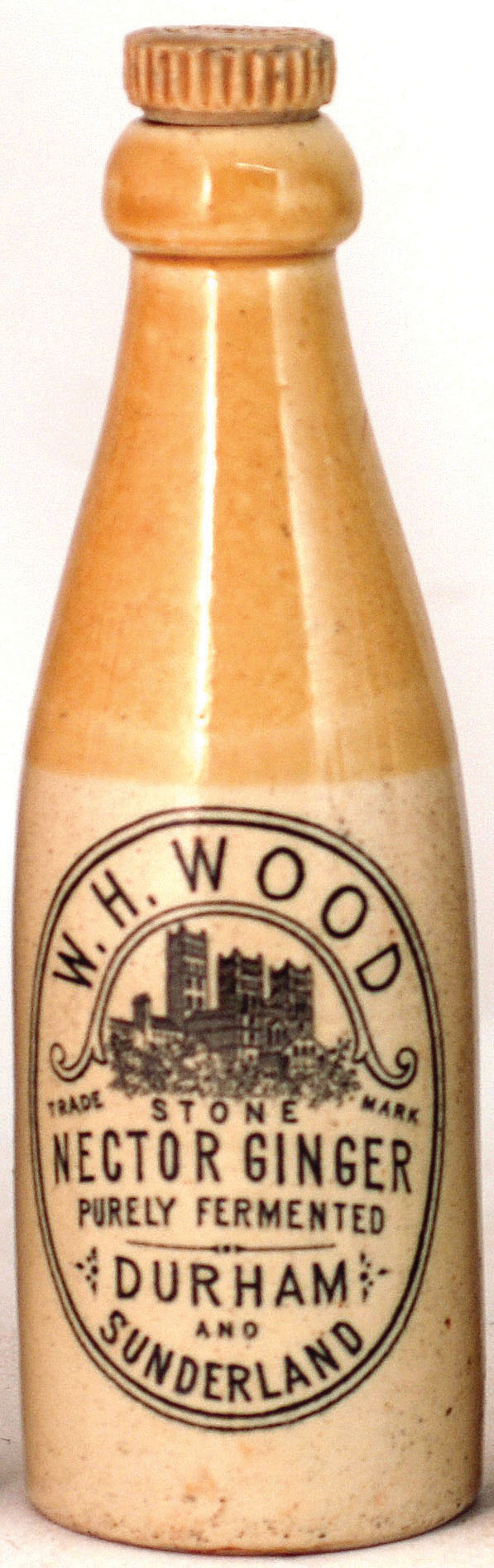 W. H. WOOD GINGER BEER. 8.5ins tall to top of screw stopper, ch. t.t. black transfer ‘W.H. WOOD/