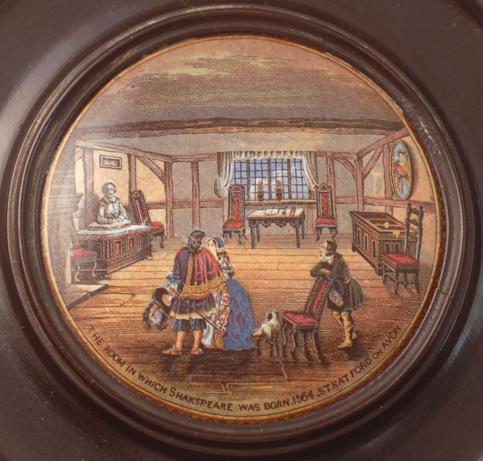 SHAKESPEARES BIRTH PLACE (KM 227). 4ins diam, multicoloured pot lid in wooden frame. Produced at The